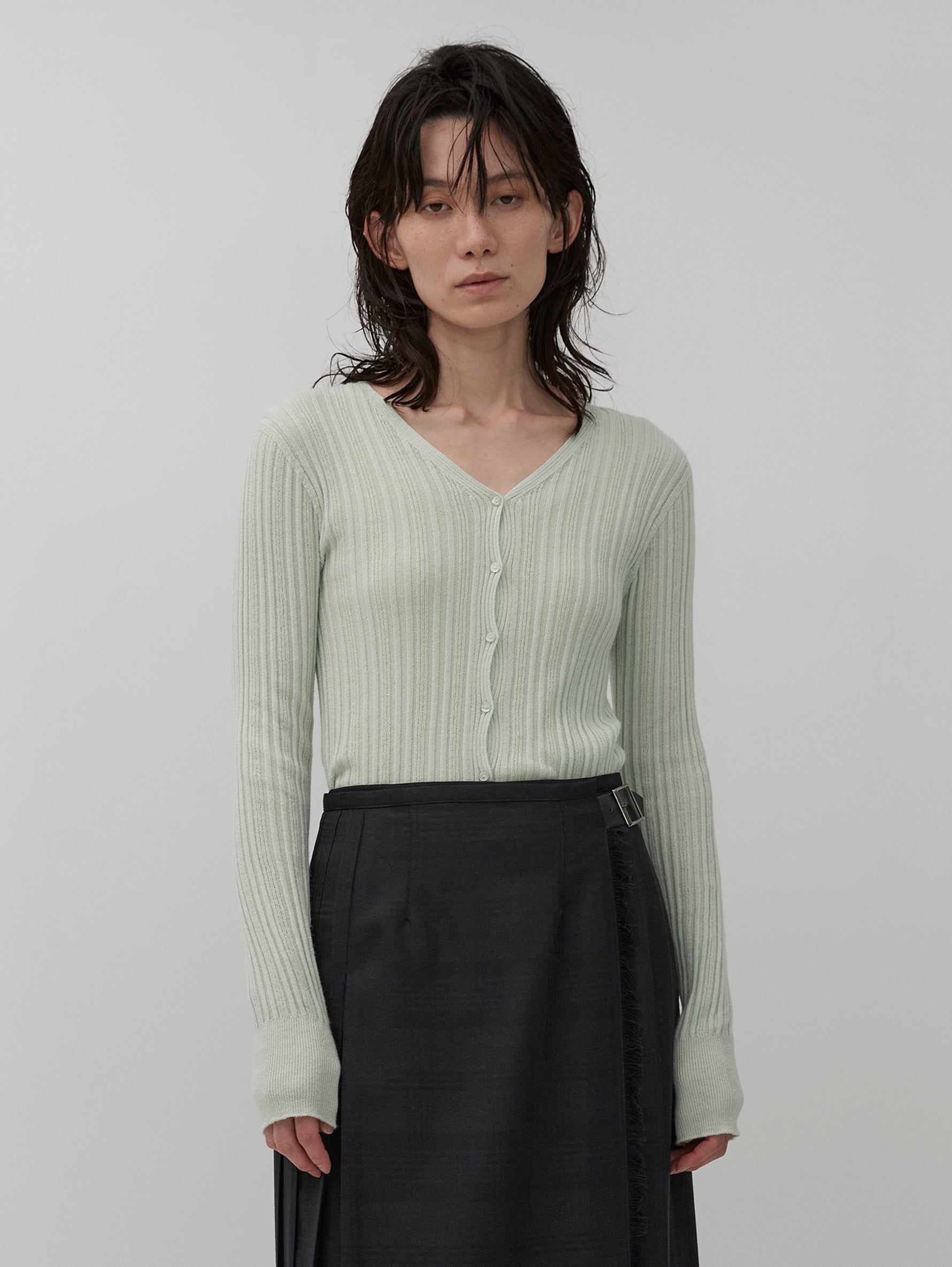 カシミヤシルクリブVネックカーディガン/TBDA-292