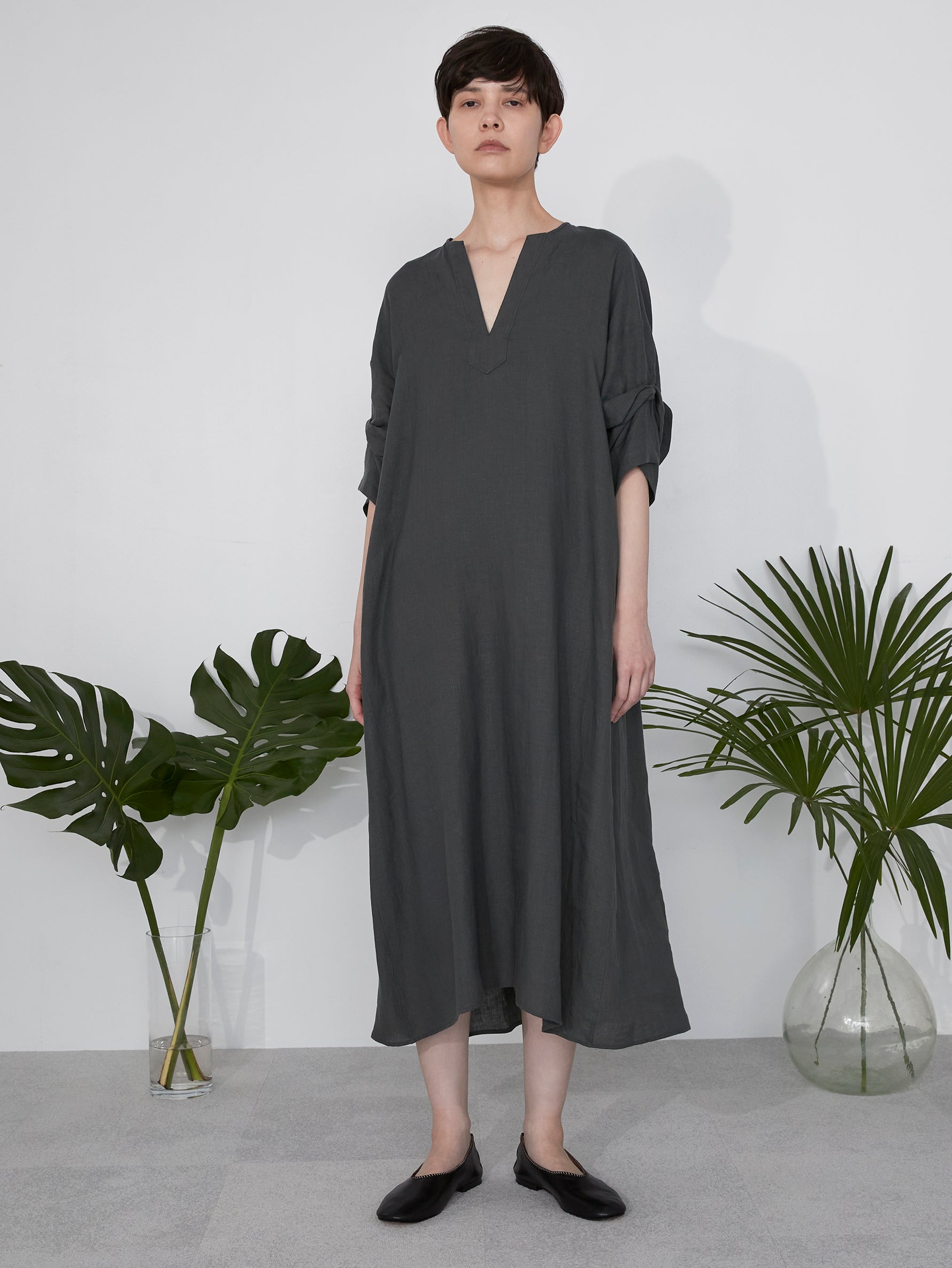 リネンツイストスリーブワンピース/TBES-409 (KHAKI) 