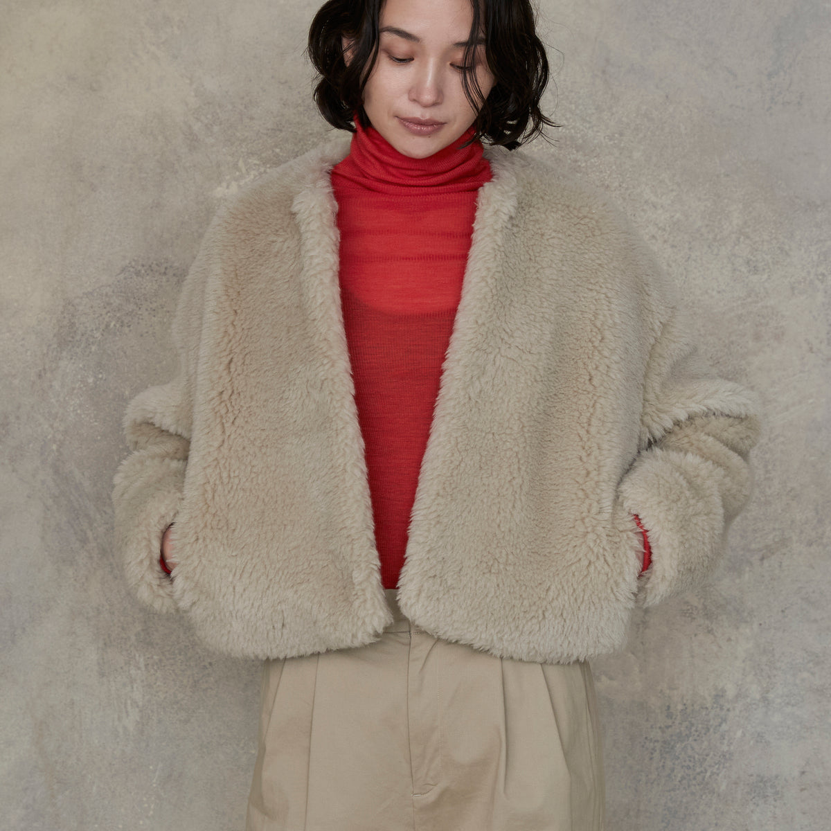 新品タグ付】TICCA ウールファー ノーカラー ショートコート F  