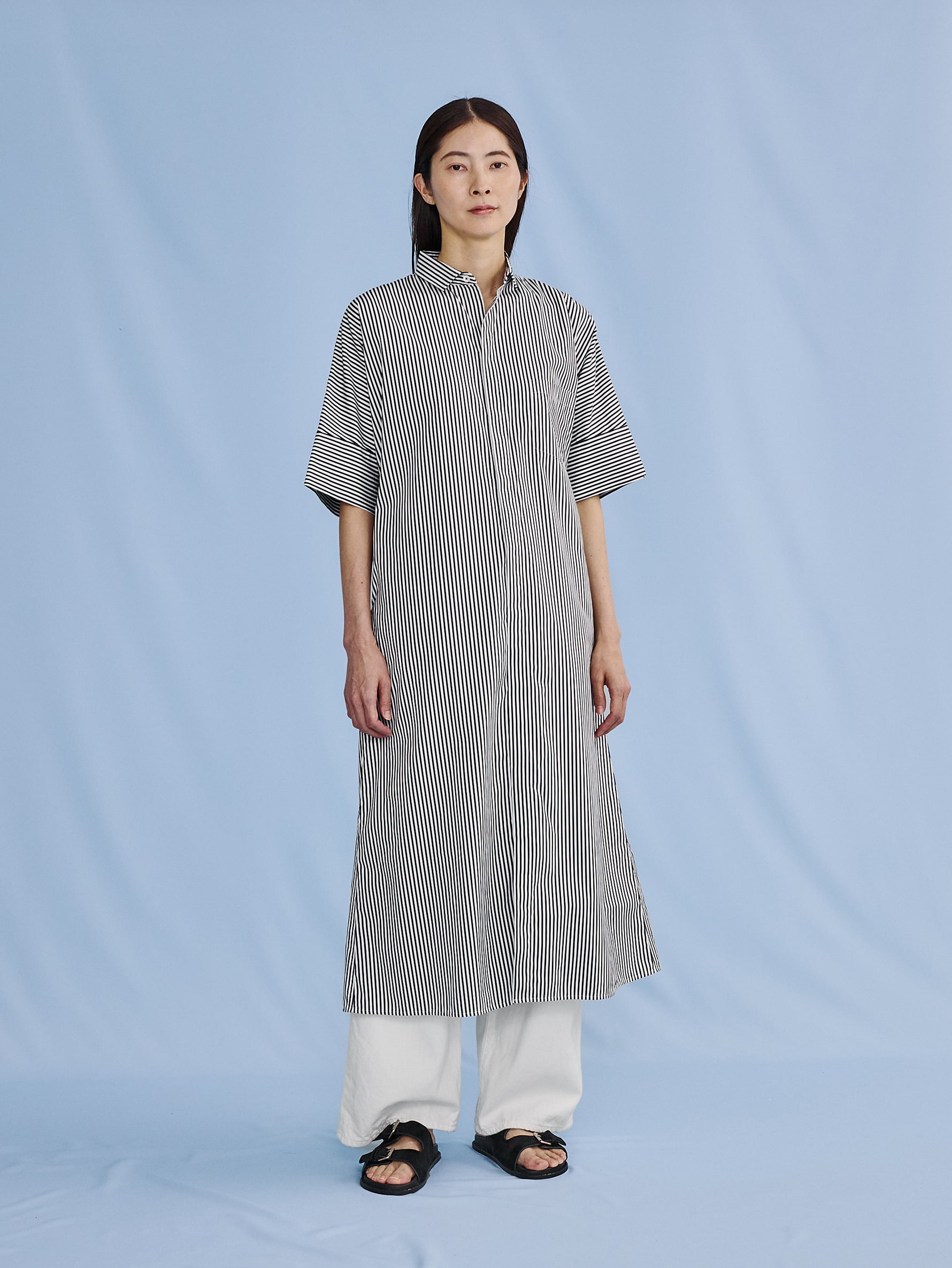 バーガンディ メッシュ 半袖ワンピース 大きい胸専用】バンドカラー麻調ウエストタック半袖シャツワンピース