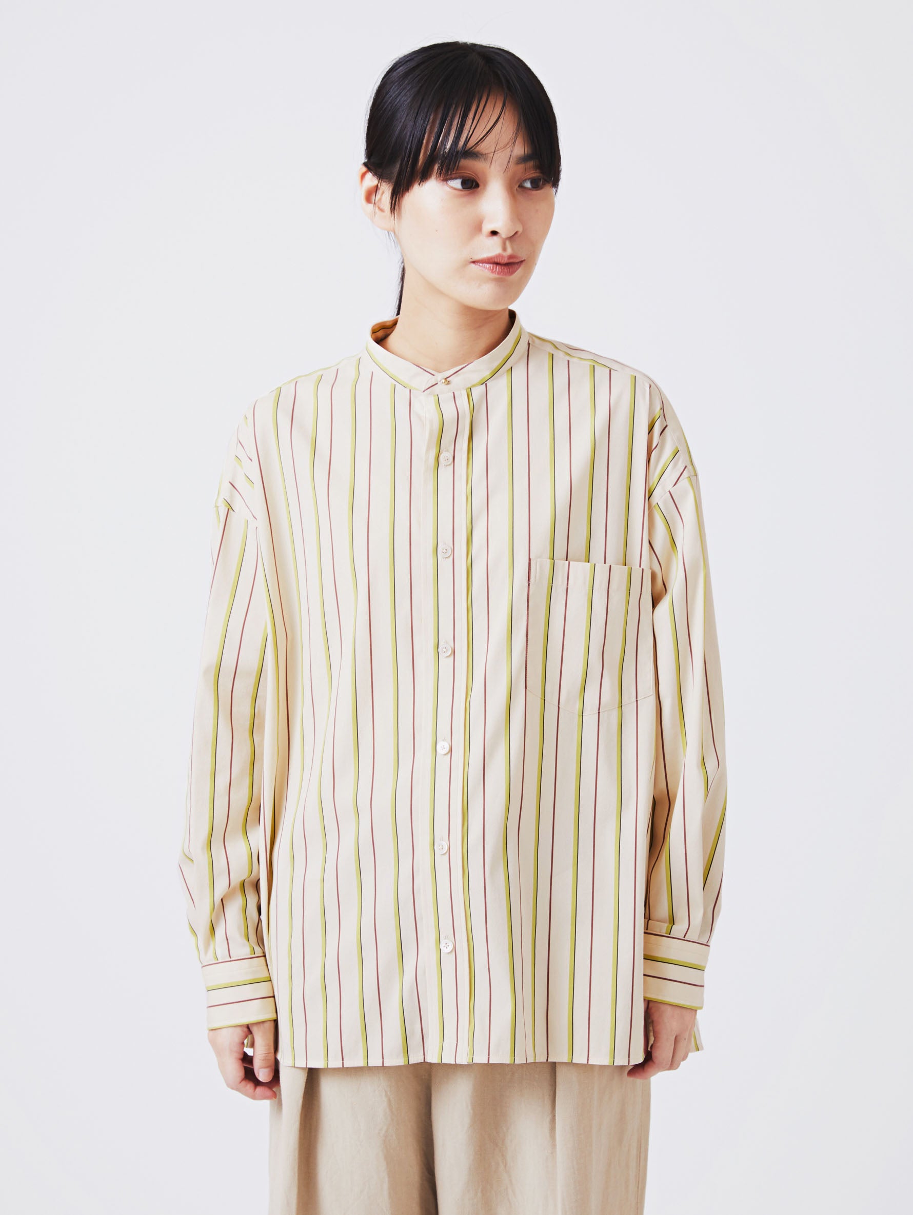 TICCA ノーカラースクエアビッグシャツ マルチストライプ 定価23100円 ブラウス シャツ アイボリー ティッカ 5-0625M 253224 TICCA (ティッカ) ノーカラースクエアビッグシャツ stripe